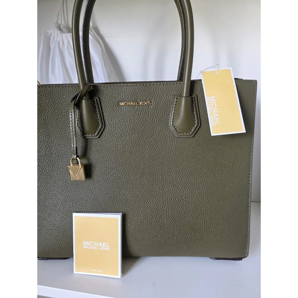 Michael Kors‎ Mercer Tote Women Large Olive Green Leather Accordion Bag
